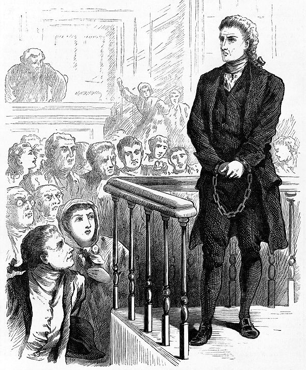 Portrait of George Burroughs on trial surrounded by a crowd of spectators.